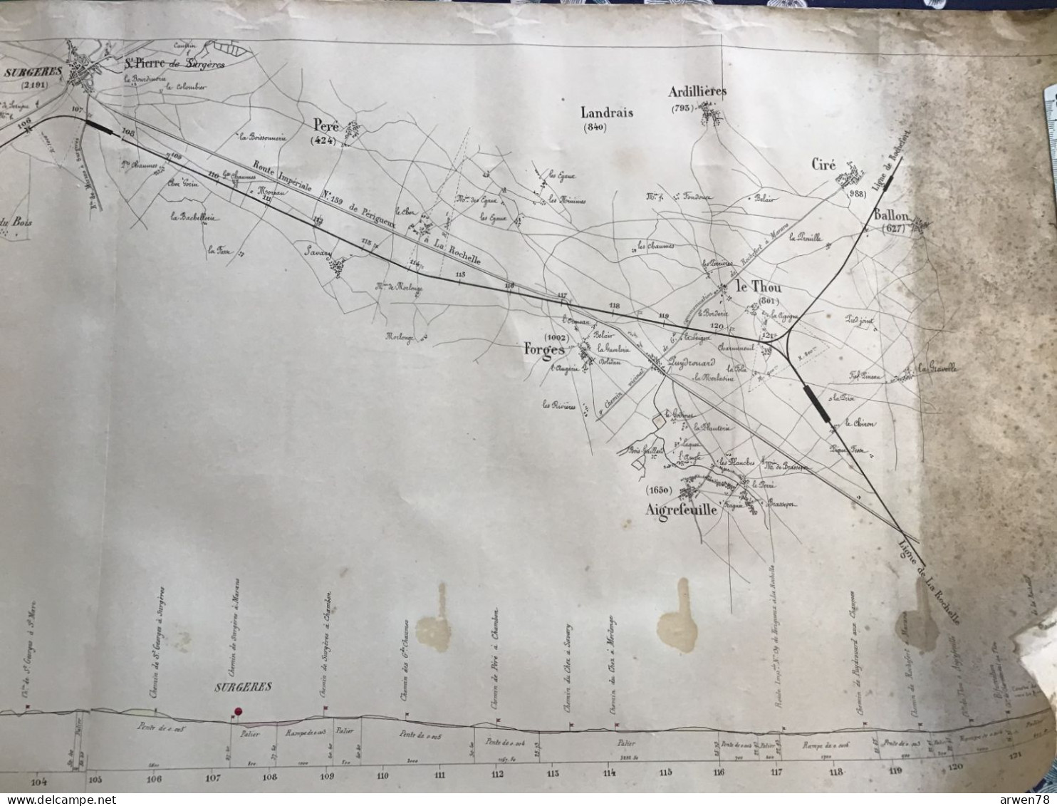 XIX eme siècle EXCEPTIONEL PLAN & PROFIL de la ligne POITIERS LA ROCHELLE ROCHEFORT  du CHEMIN DE FER PARIS ORLEANS