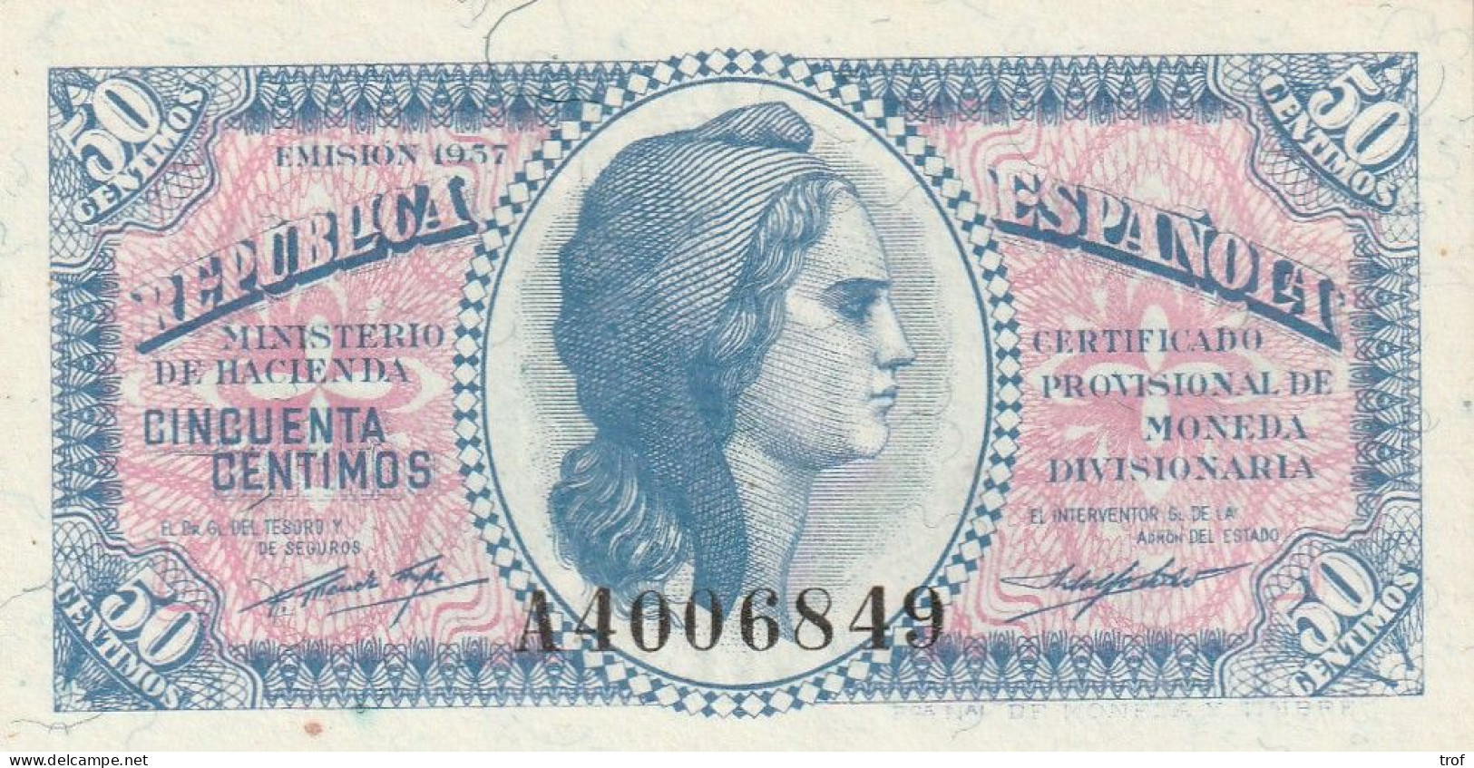 Billet Républica Espanola Ministério De La Hacienda (Marianne) 50 Cent N°A4006849 émision 1937 - 1-2 Pesetas