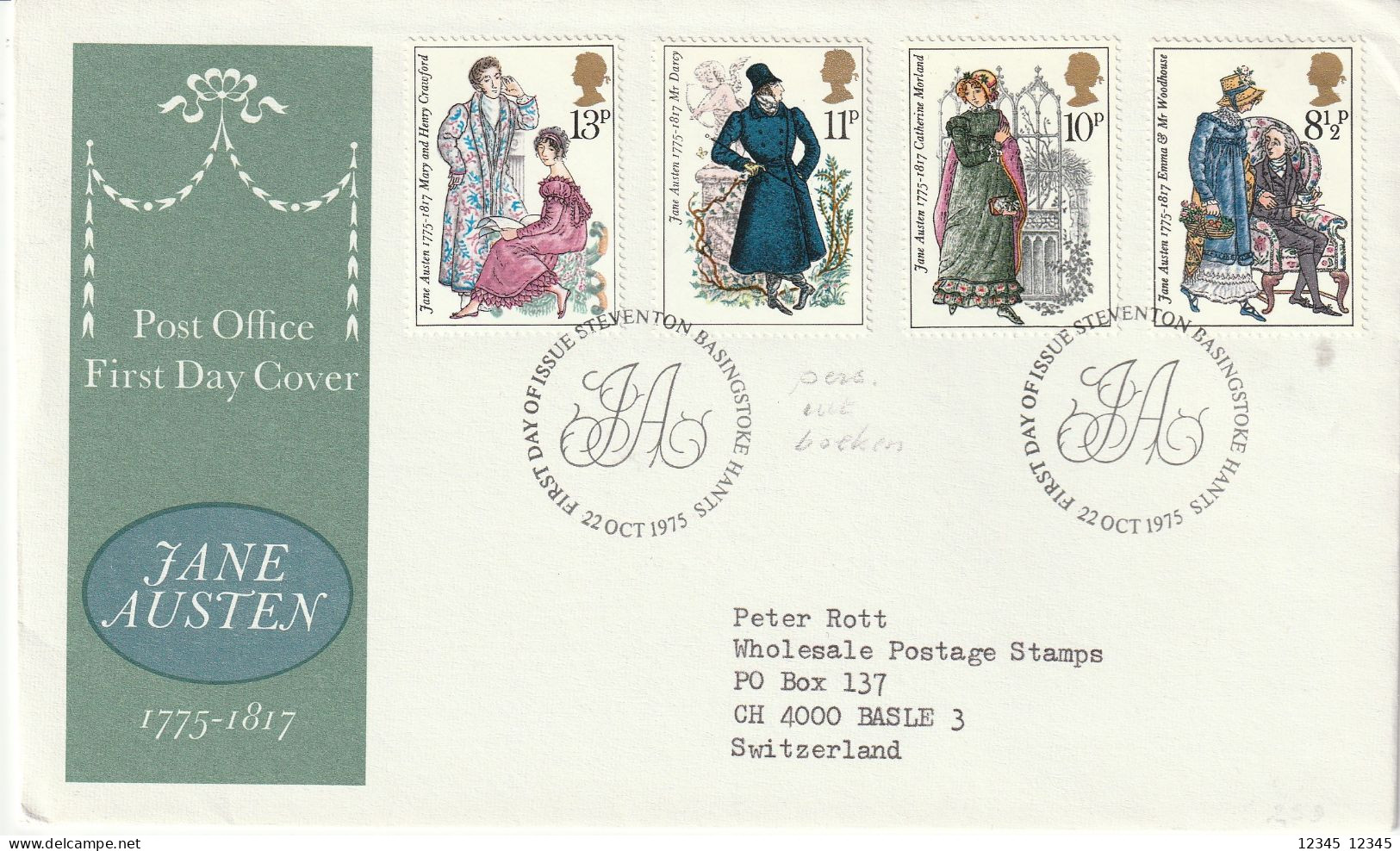 1975, FDC Sent To Swiss, Jane Austen - 1971-1980 Decimal Issues