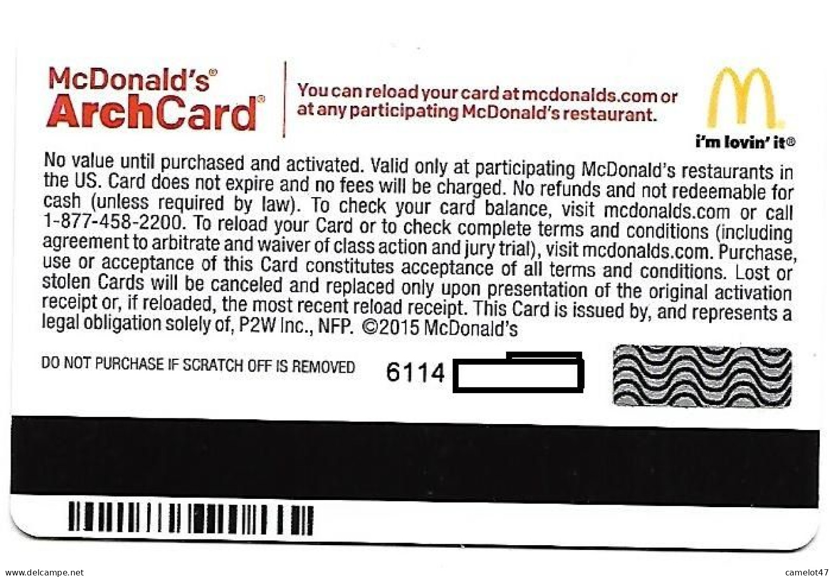 McDonald's U.S.A., Carte Cadeau Pour Collection, Sans Valeur, # Md-52,  Serial 6110, Issued In 2015 - Cartes De Fidélité Et Cadeau