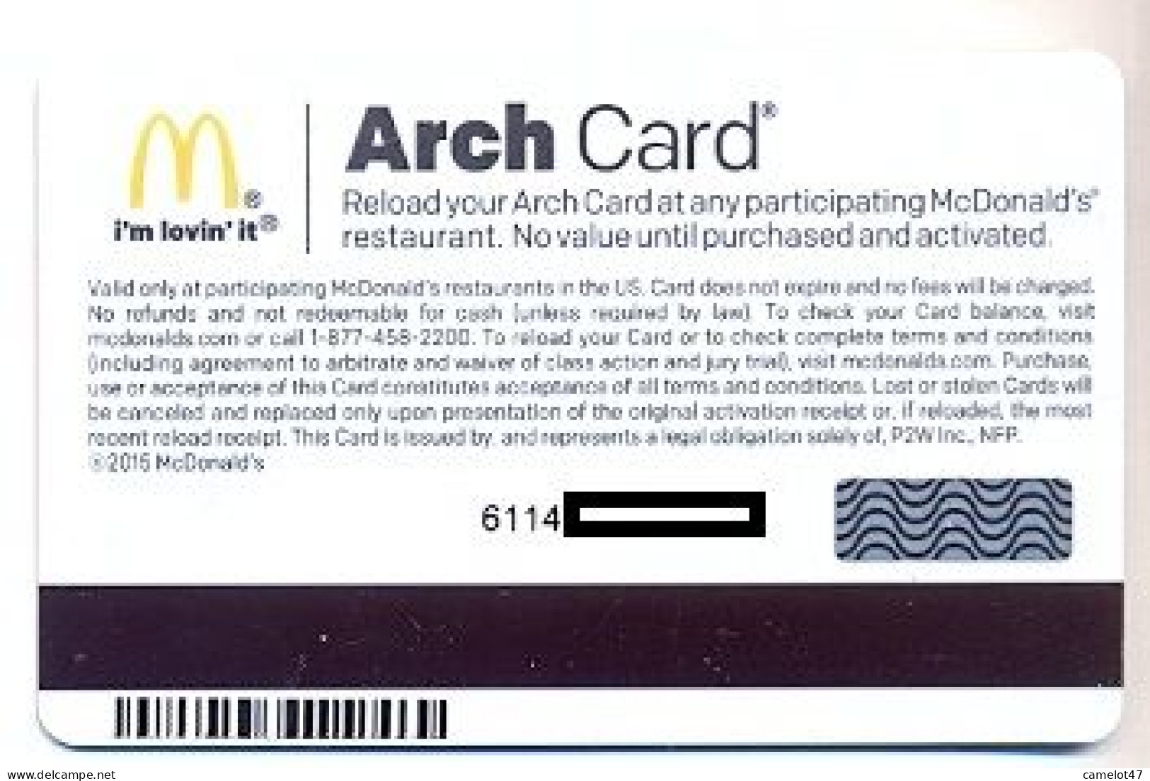 McDonald's U.S.A., Carte Cadeau Pour Collection, Sans Valeur, # Md-54,  Serial 6114, Issued In 2015 - Cartes De Fidélité Et Cadeau