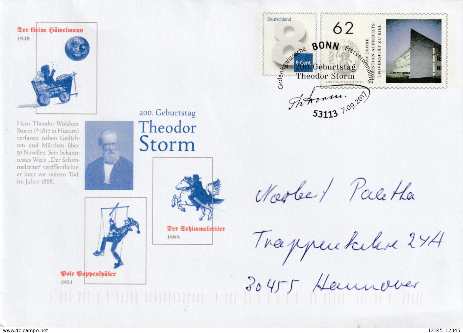 2017, Prepayed Letter Sent To Hannover, 200th Birthday Theodor Storm - Enveloppes Privées - Neuves
