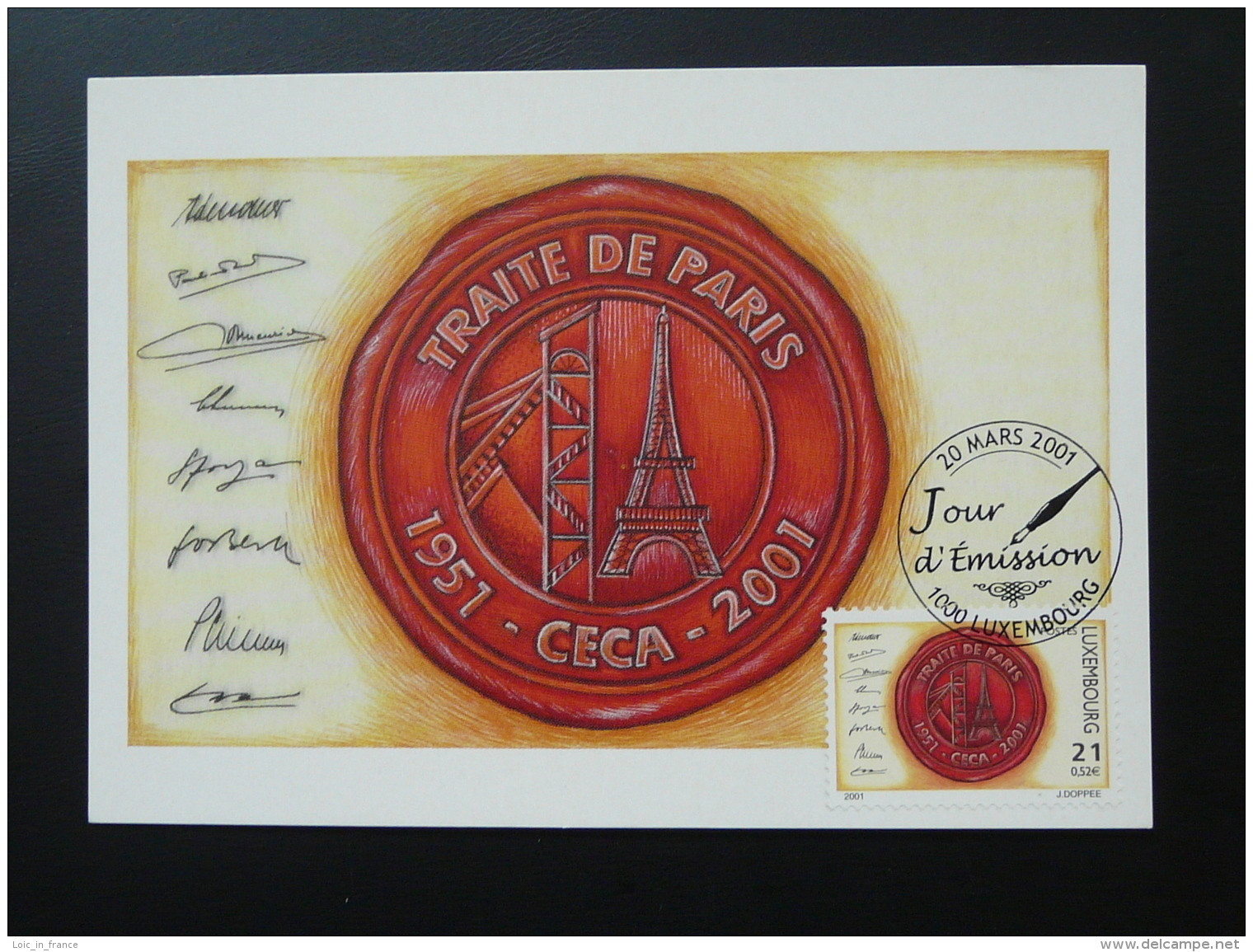 Carte Maximum Card Traité De Paris CECA Tour Eiffel Luxembourg 2001 - Maximum Cards