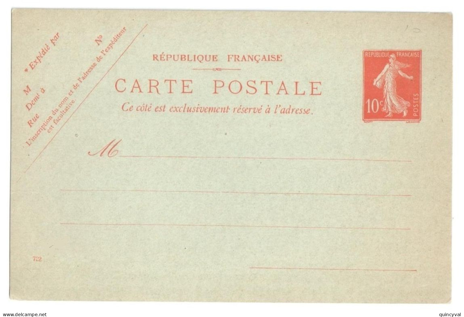 Entier Postal Carte Postale 10c Semeuse Camée Yv 138-CP1Storch E1c Mill 722 - Postales Tipos Y (antes De 1995)