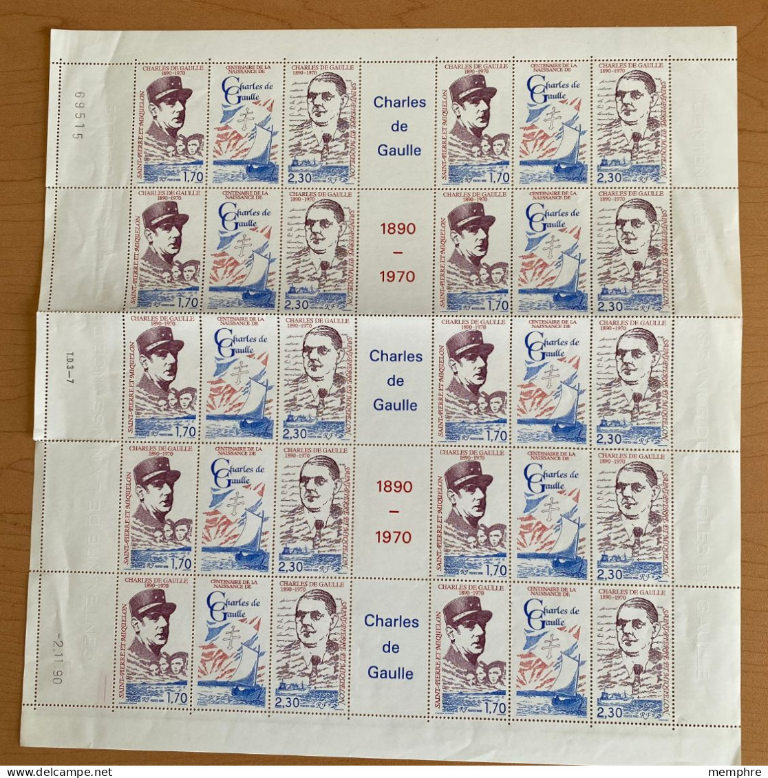 1990 Centenaire De La Naissance De De Gaulle  Yv 531-2 Feuille Complète De 10 Triptyques ** (pliée) - Nuevos