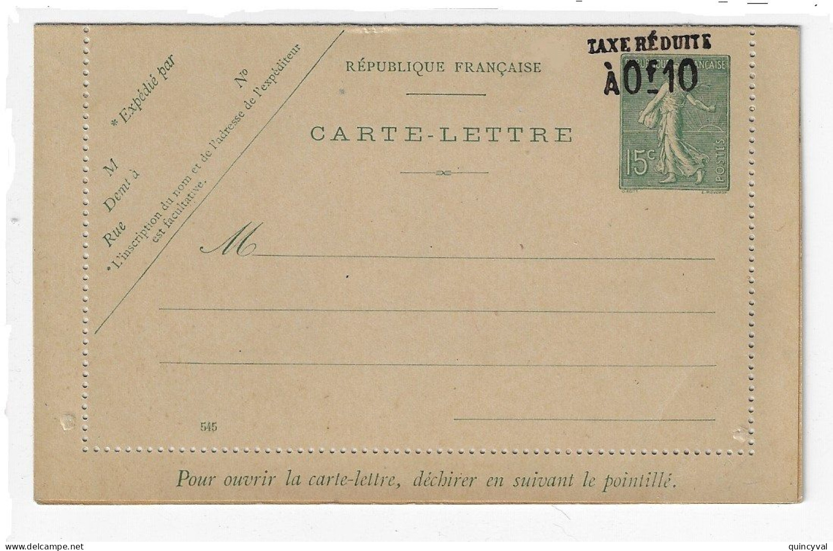 Entier Postal Carte Lettre 15 C Semeuse Lignée Verte Mill 545 Yv 138-CL1 Surcharge Taxe Réduite - Cartes-lettres