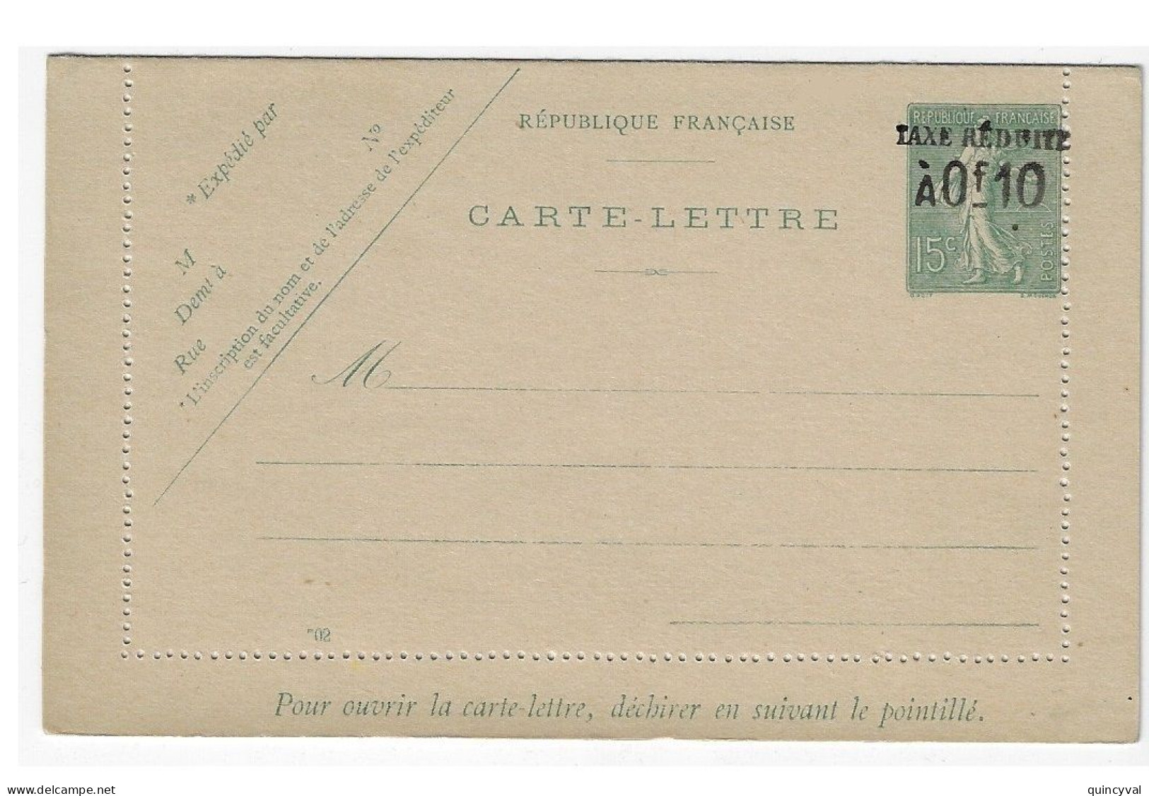 Entier Postal Carte Lettre 15 C Semeuse Lignée Verte Mill 502 Yv 138-CL1 Surcharge Taxe Réduite - Cartes-lettres