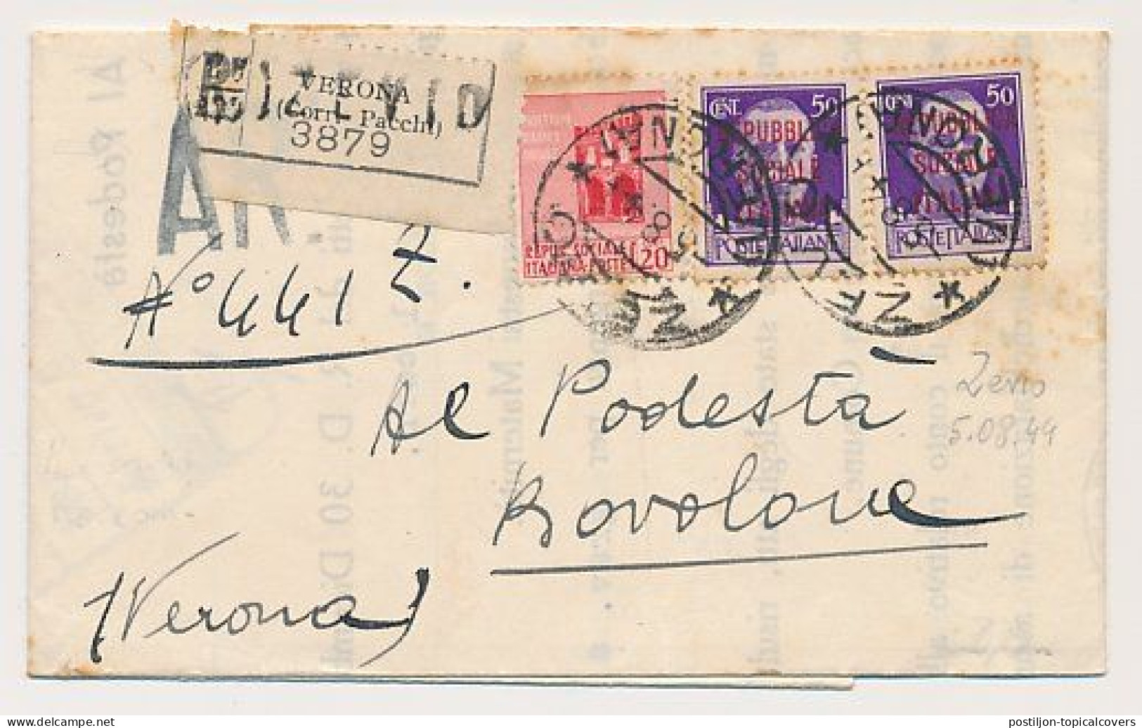 Registered Cover Zevio / Verona Italy1944 - Republic Sociale - Gebraucht