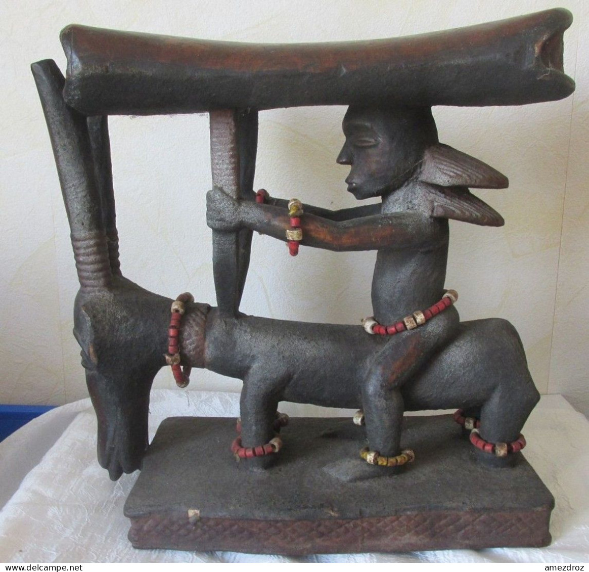 Art Africain- Ancien Grand Appuis Tête De Chef Luba Shan Kadi Hauteur Congo 36 X 35 Cm Poids 3,5 Kg - Afrikanische Kunst