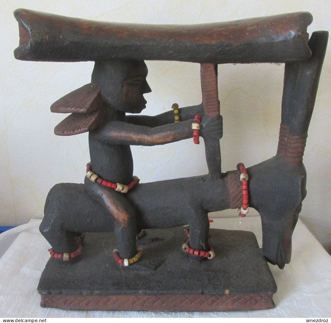 Art Africain- Ancien Grand Appuis Tête De Chef Luba Shan Kadi Hauteur Congo 36 X 35 Cm Poids 3,5 Kg - African Art