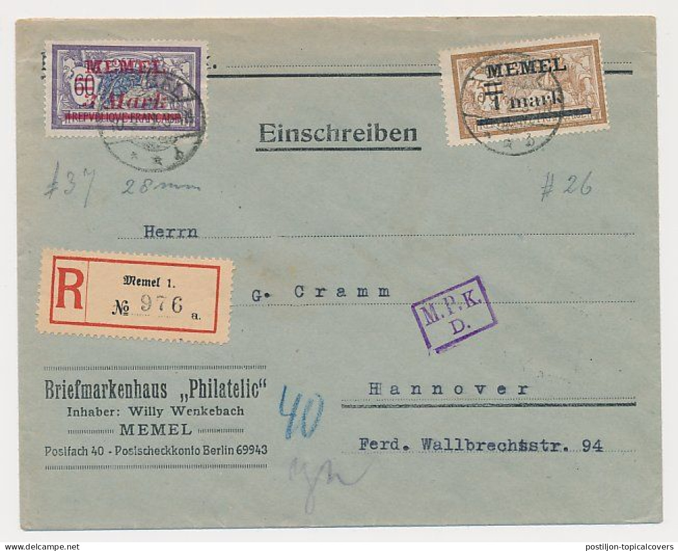 Registered Cover Memel 1922 - Lithuania / Memelland - Covers & Documents