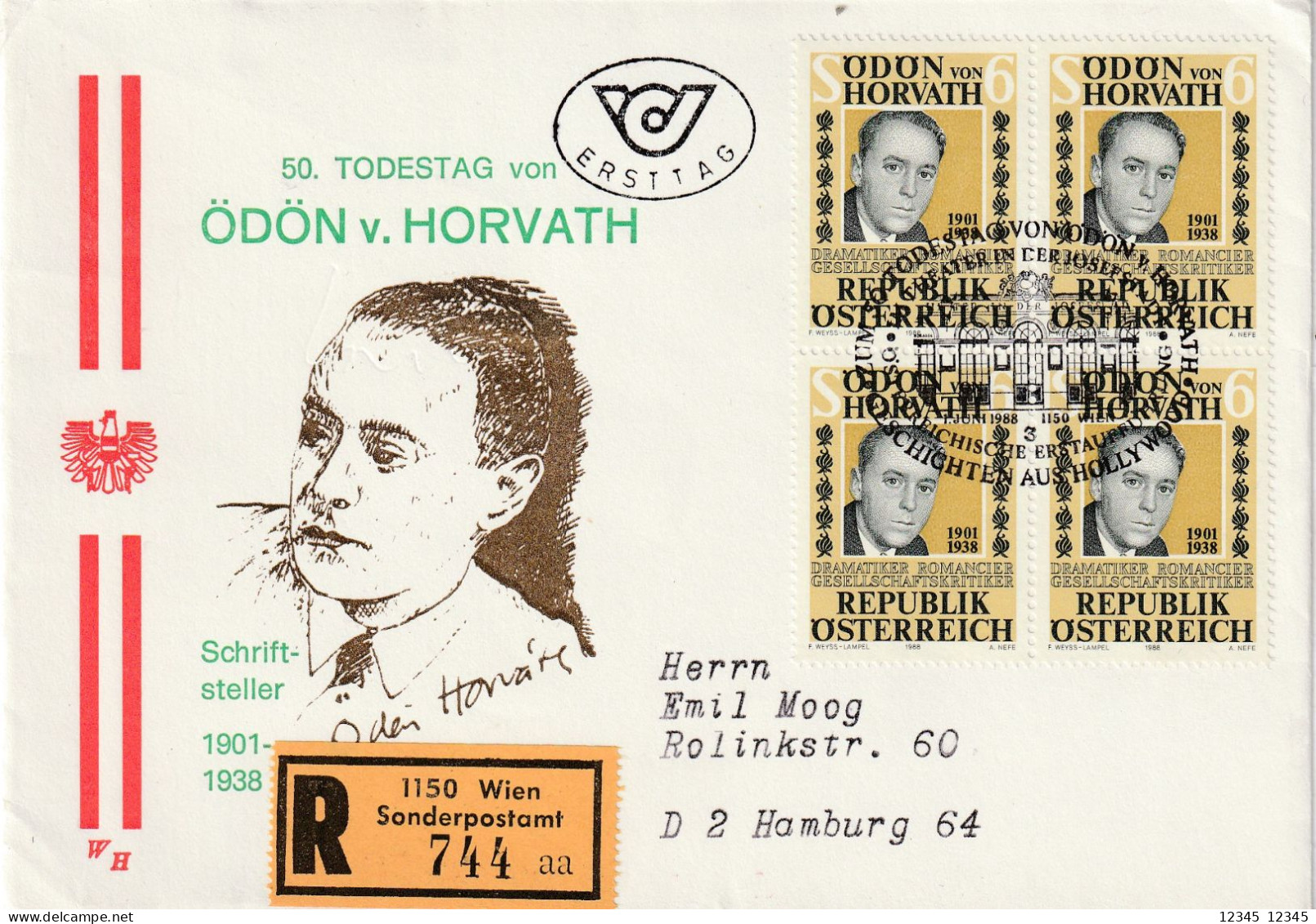 1988, Registered Letter Sent To Hamburg, Germany, Ödön Von Horváth (1901-1938), Writer - Cartes Postales - Oblitérées