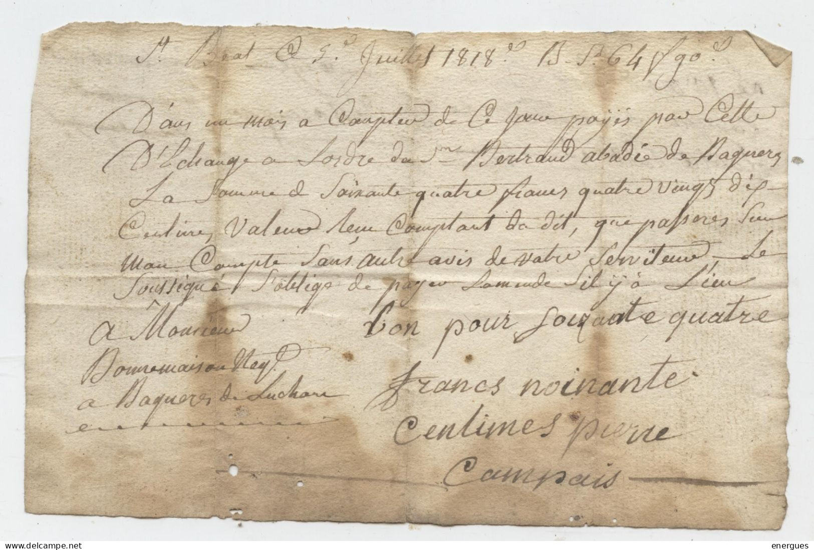 Lettre De Change , 1818, Saint Béat, Luchon, Bertrand Abadie De Bagnères, Bonnemaison, - Bills Of Exchange