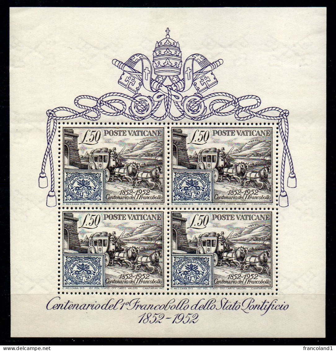 1952 Vaticano Foglietto N. 1 Centenario Nuovo MLH* Sassone 200 Euro - Blocs & Feuillets
