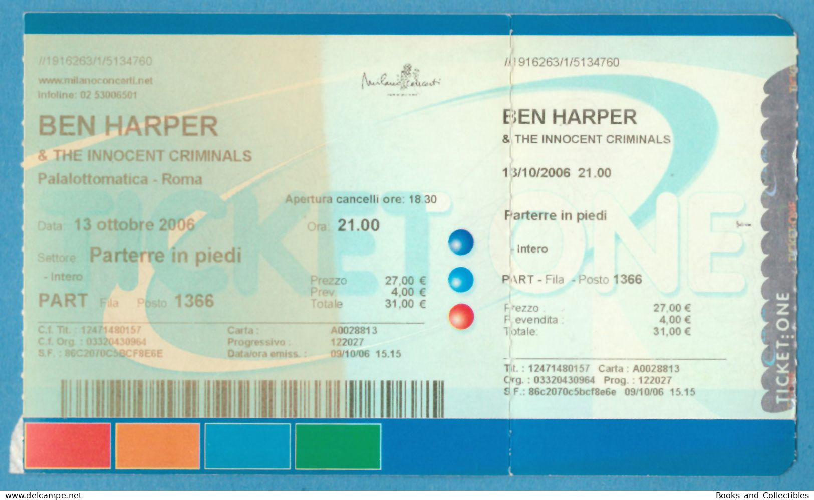 Q-4500 * BEN HARPER & The Innocent Criminals - PalaLottomatica, Roma (Italy) - 13 Ottobre 2006 - Concert Tickets