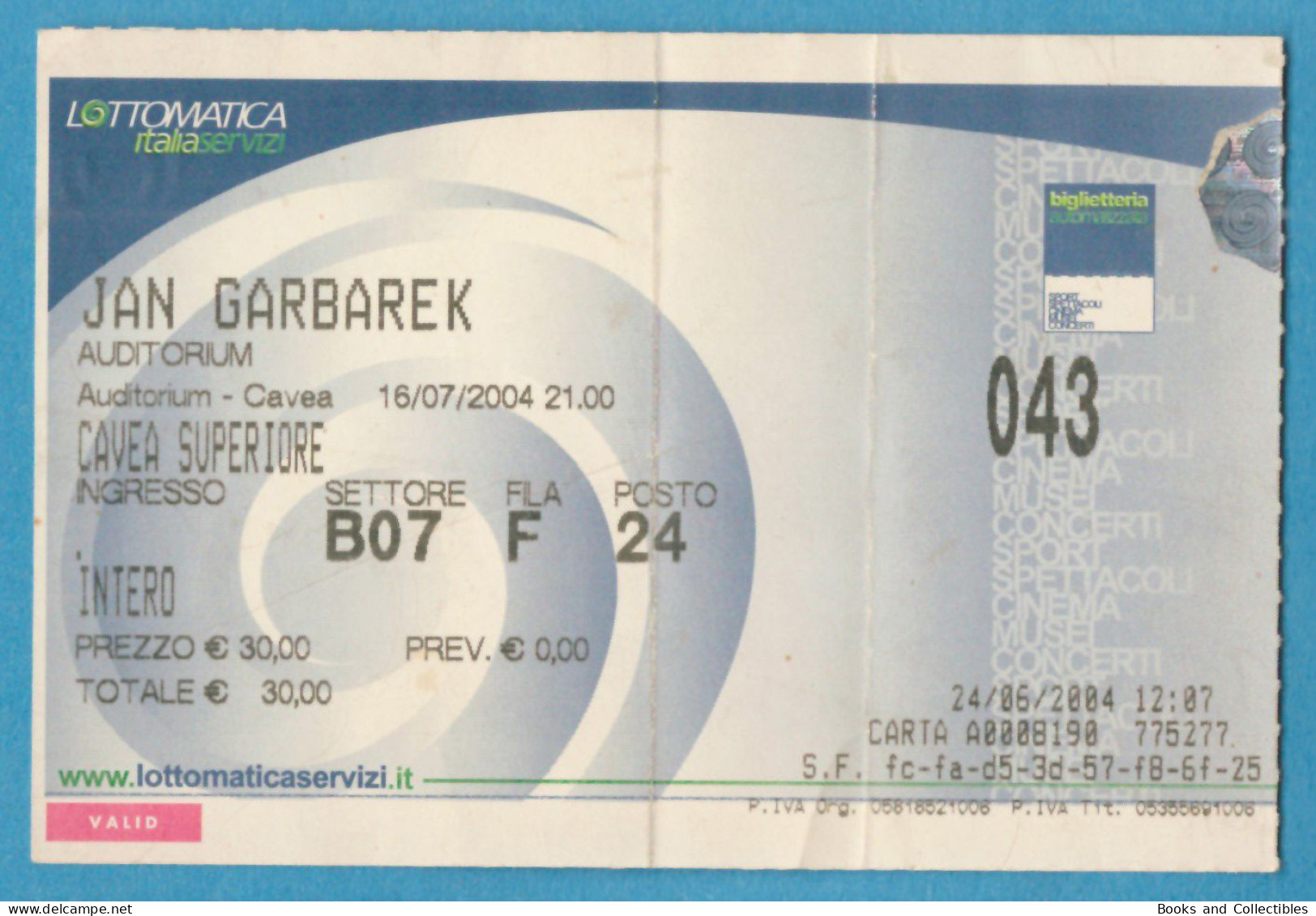 Q-4500 * JAN GARBAREK - Auditorium, Roma (Italy) - 16 Luglio 2004 - Concert Tickets