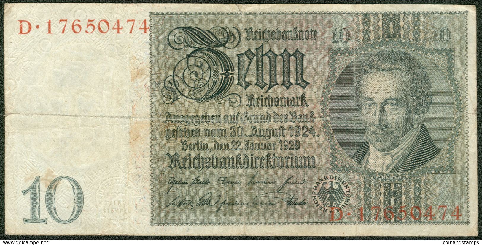 Deutsches Reich 10 Reichsmark 30. Aug. 1924 Serie D Rote Kenn Nr.17650474(8stellig) Rosenberg Nr.173 - 10 Mark