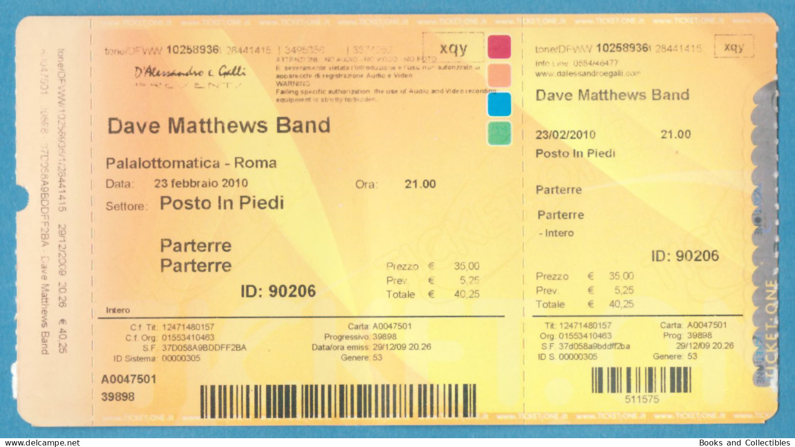 Q-4500 * DAVE MATTHEWS BAND - PalaLottomatica, Roma (Italy) - 23 Febbraio 2010 - Tickets De Concerts