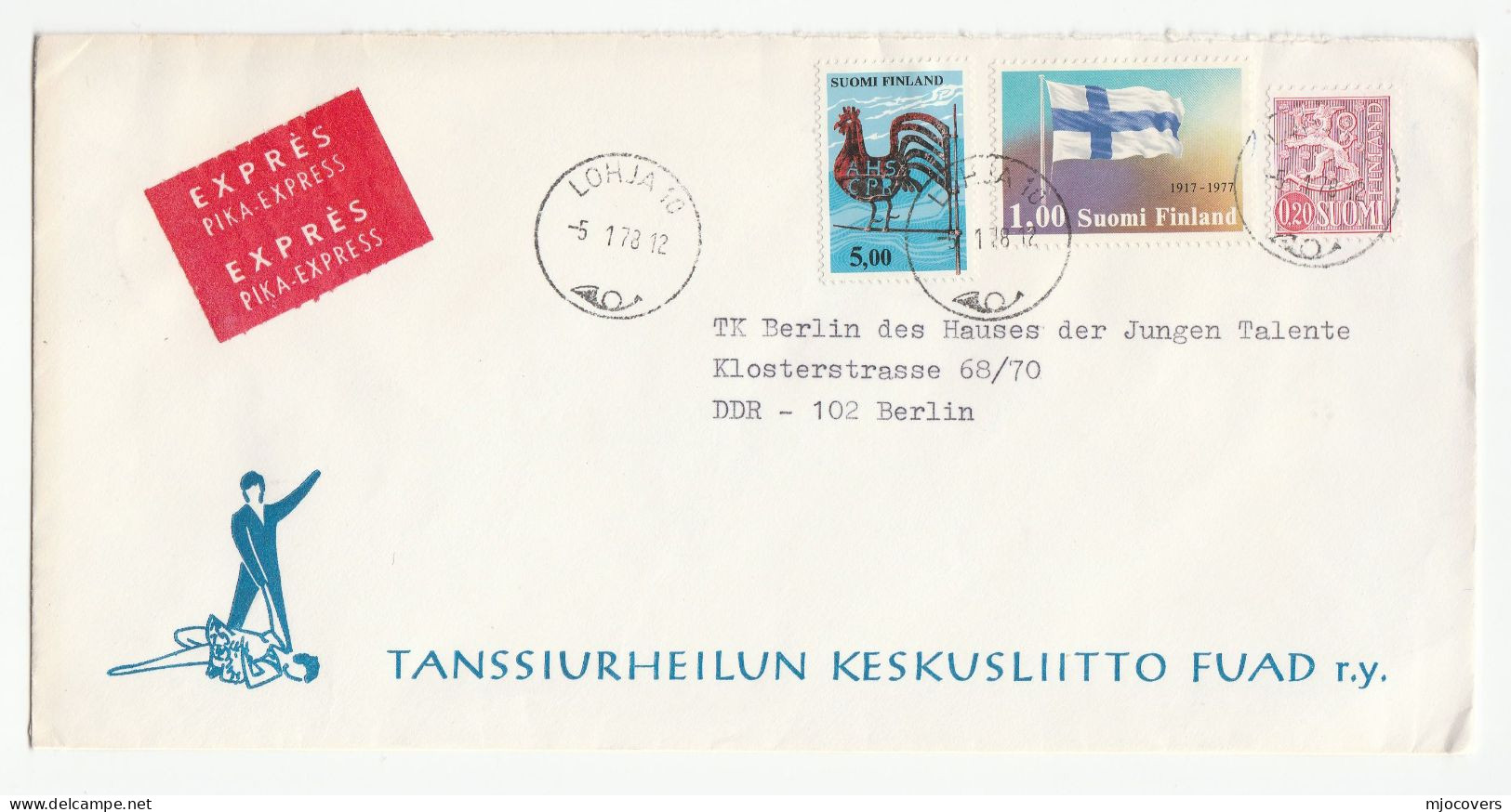 1978 EXPRESS Lohja DANCING ADVERT Cover To Germany Chicken Flag Stamps 2 X Express Label Dance  Finland - Brieven En Documenten