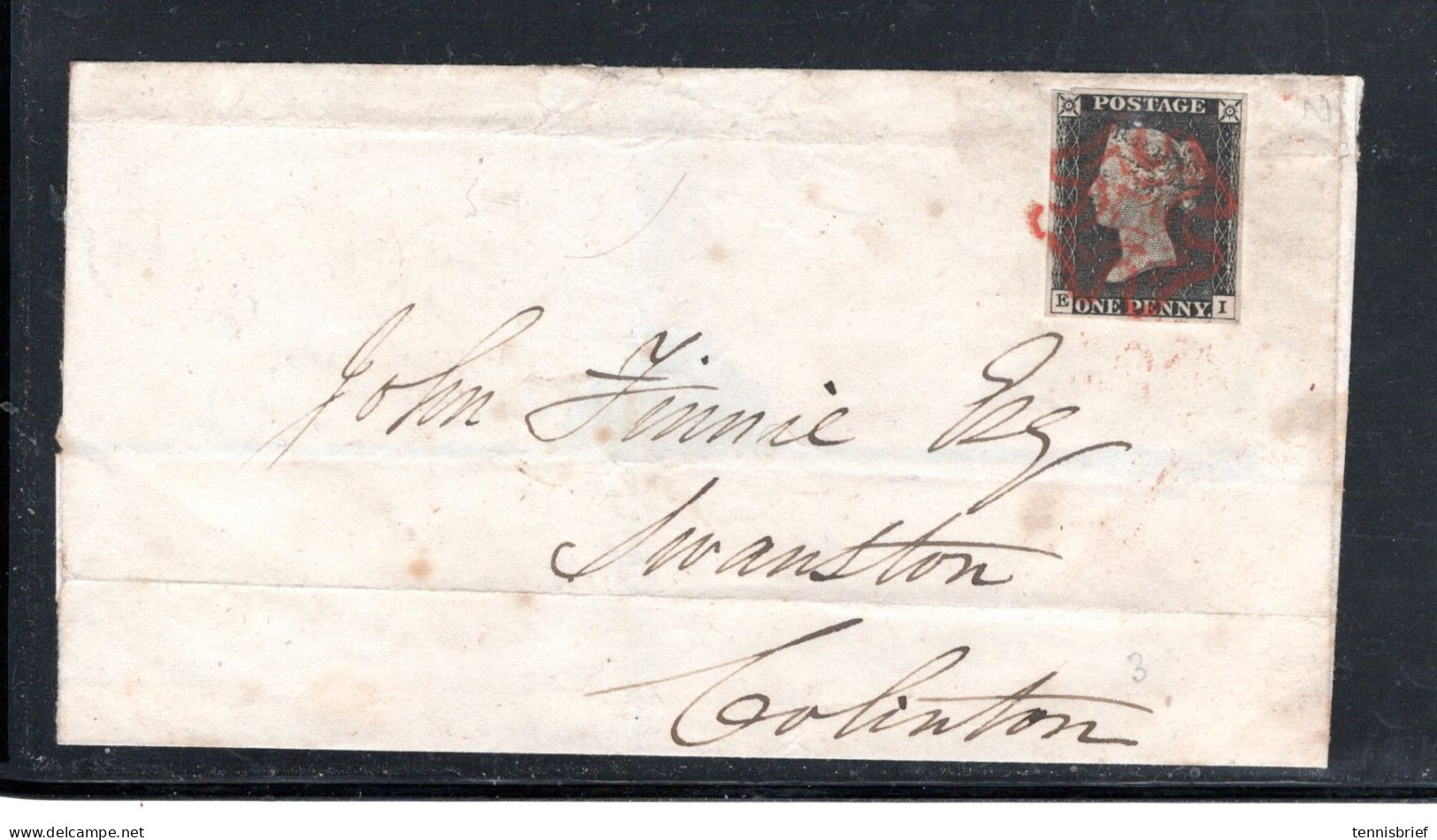 1841 , 1 P. Black , 4 Large Margins , Cover Not  Full Contents -  Very Clear Red MX  Cancel,  Stamp Very Tyney Crease - Lettres & Documents