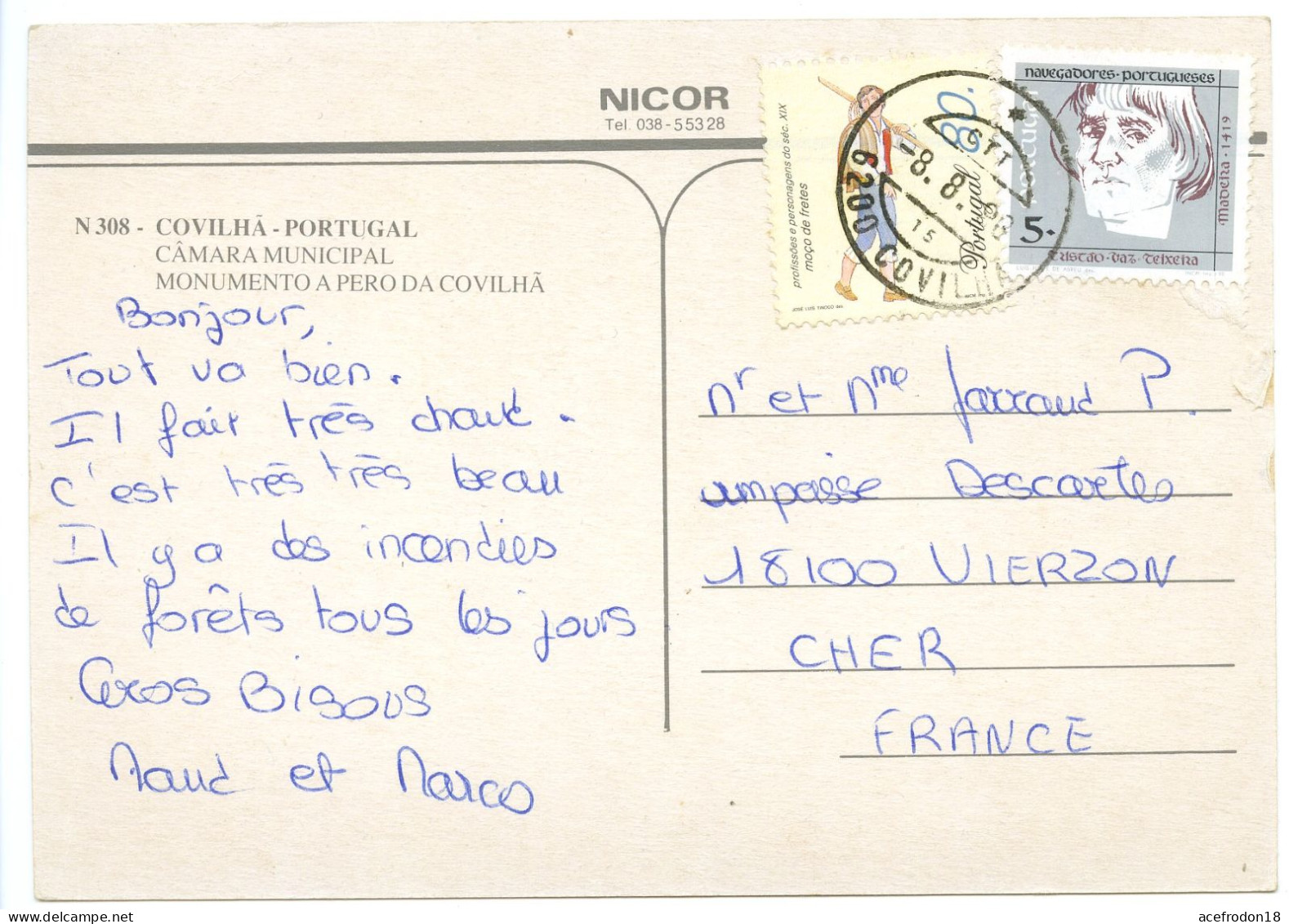 CP Postée De Covilhã (Portugal) Pour Vierzon (18) - Covilhã - 2 Timbres 1997 - Used Stamps