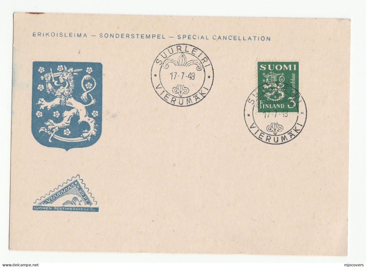1948 SUURLEIRI Finland EVENT Cover HERALDIC LION Stamps Card - Lettres & Documents