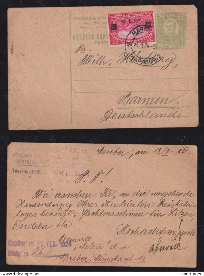 Yugoslavia 1924 Uprated Stationery Postcard MARIBOR X BARMEN Germany - Brieven En Documenten
