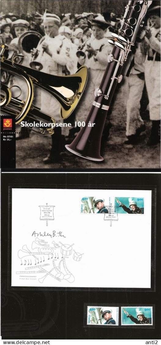 Norway 2001 100 Years Of Student Brass Bands Mi 1385-1386 MNH(**) And FDC With Signatur Designer - Covers & Documents