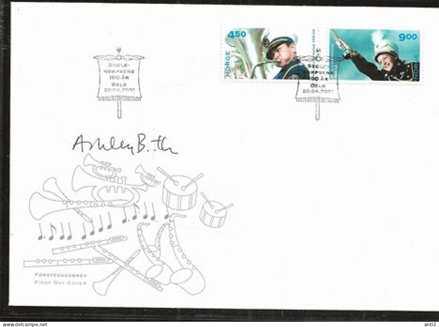 Norway 2001 100 Years Of Student Brass Bands Mi 1385-1386  FDC With Signatur Designer - Covers & Documents