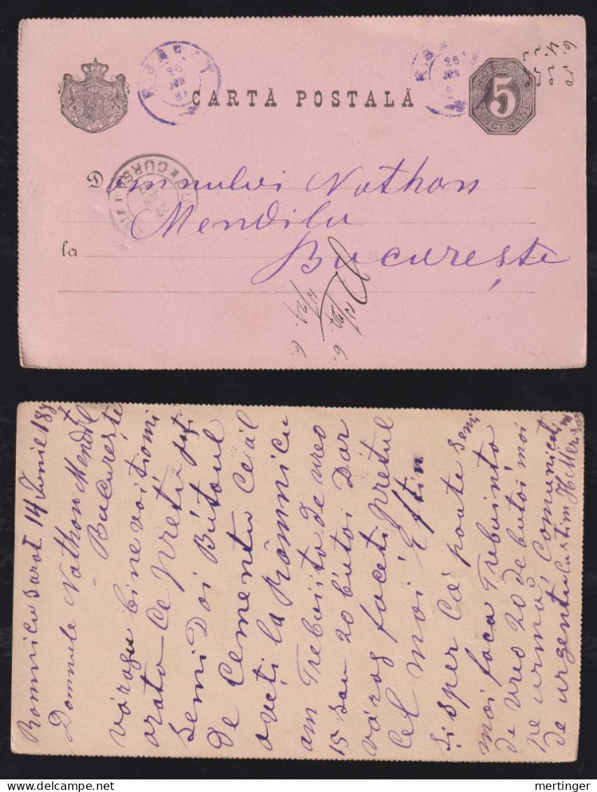 Rumänien Romania 1887 Stationery Postcard R SARAT X BUCURESTI Violet Postmark - Covers & Documents