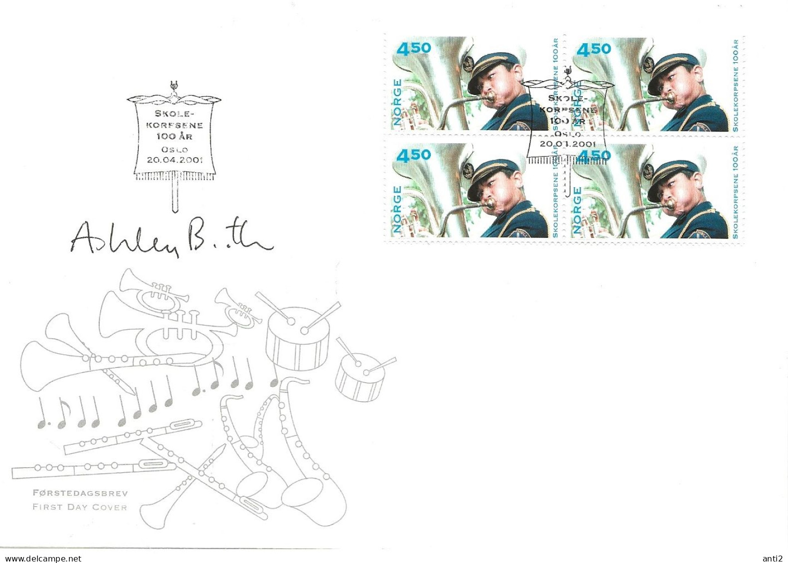 Norway 2001 100 Years Of Student Brass Bands Mi 1385 X 4 In FDC With Signatur Designer - Storia Postale