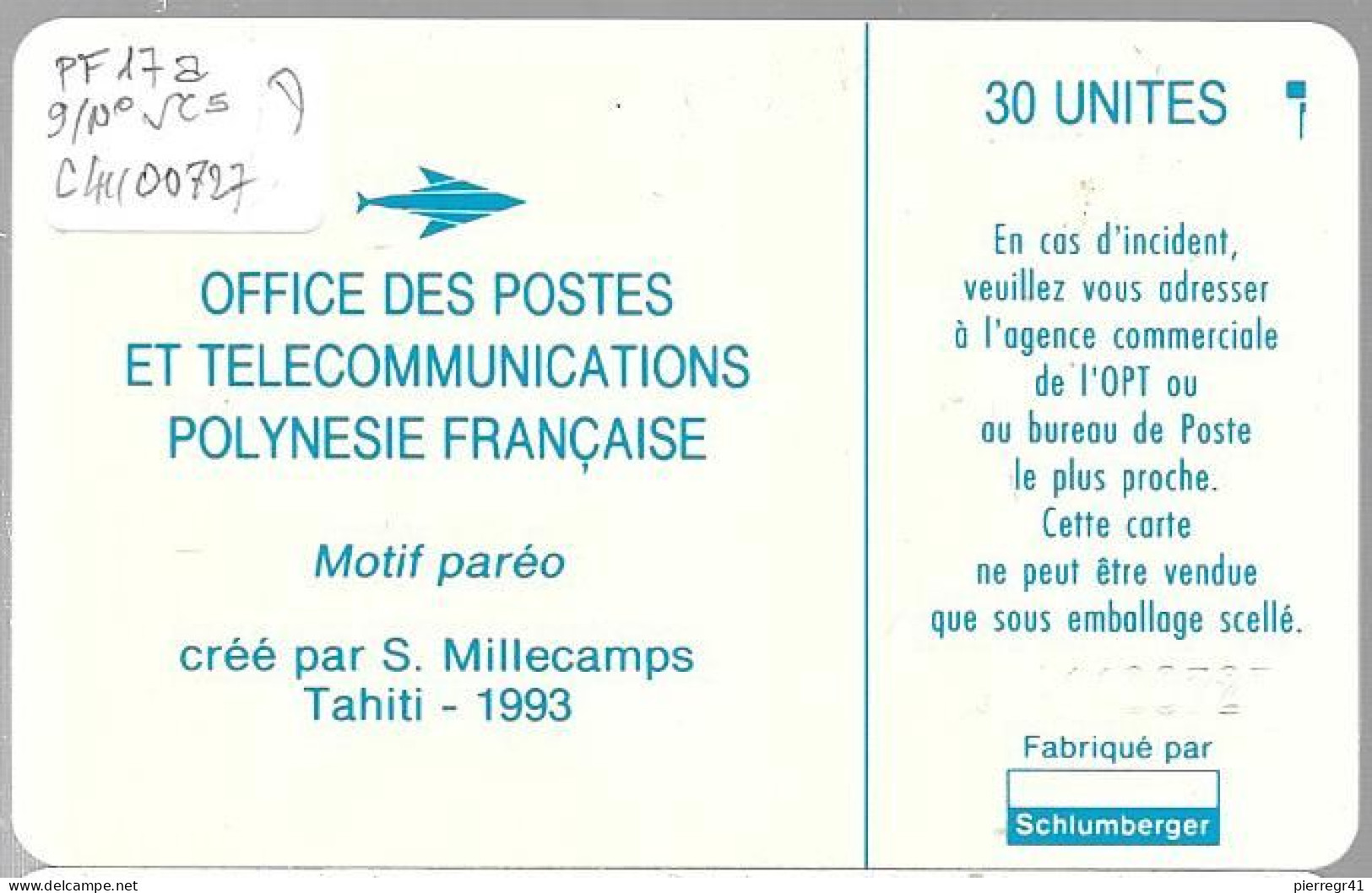 CARTE-PUCE-POLYNESIE-PF17a-30U-SC5-S/Entourage-PAREO BLEU Brillant-9 N°TGE-N°C41100727-Utilisé-TBE- - Polynésie Française