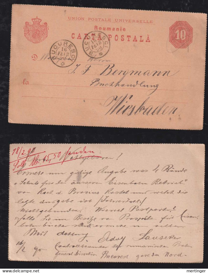 Rumänien Romania 1890 Stationery Postcard BUCURESTI X WIESBADEN Germany Manuscript Cancel - Covers & Documents