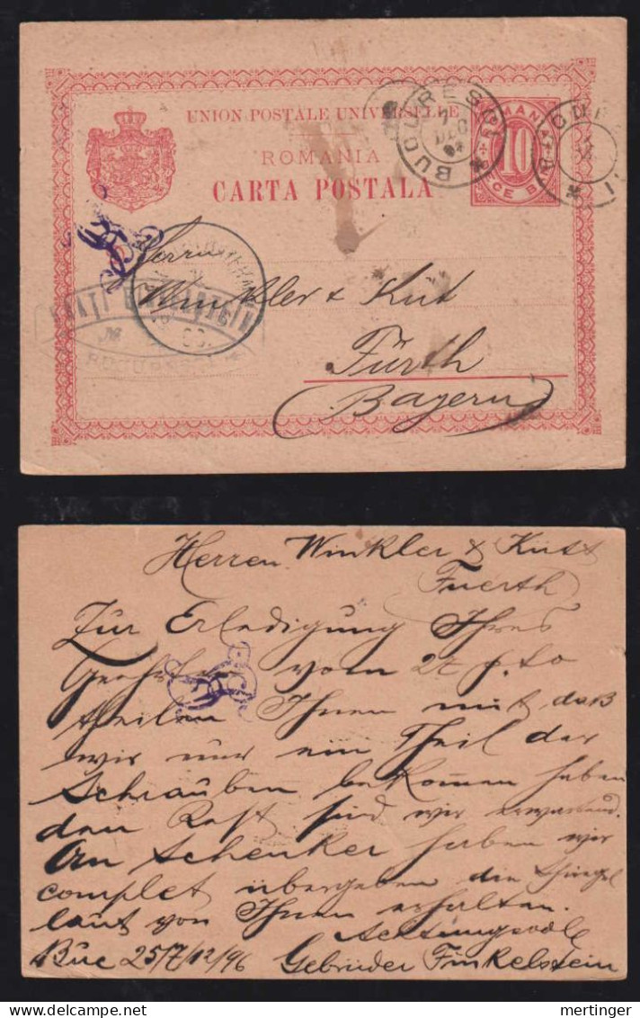 Rumänien Romania 1896 Stationery Postcard BUCUREST X FÜRTH Germany Bavaria - Lettres & Documents