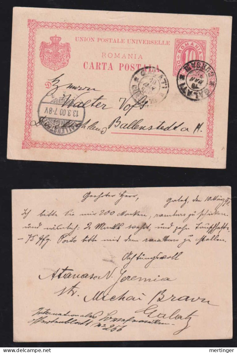 Rumänien Romania 1900 Stationery Postcard GALATI X BALLENSTEDT Germany - Brieven En Documenten