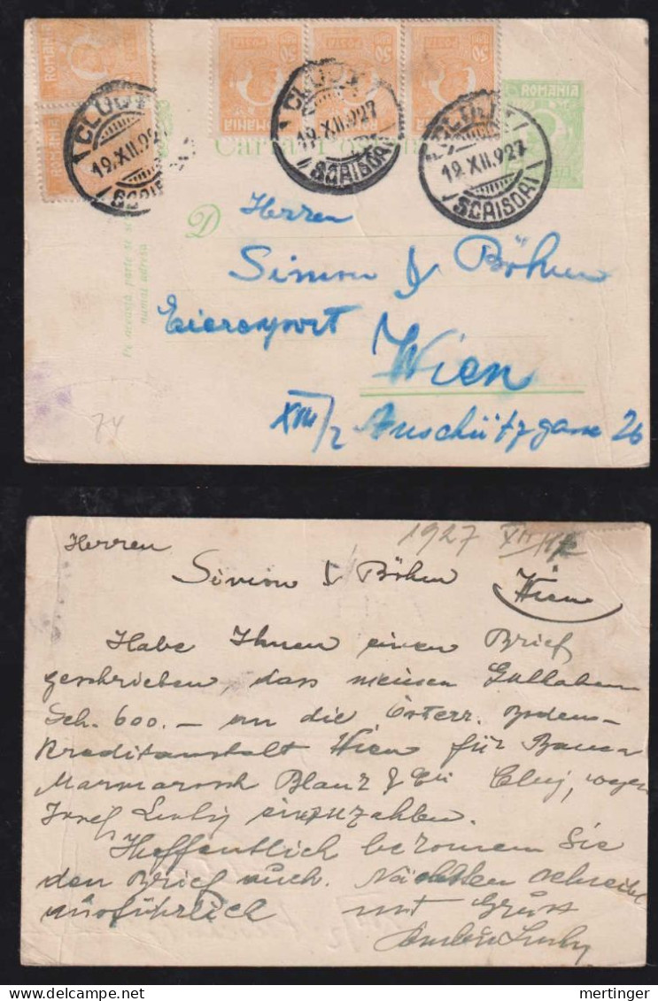Rumänien Romania 1927 Uprated Stationery Postcard CLUJ X WIEN Austria - Cartas & Documentos