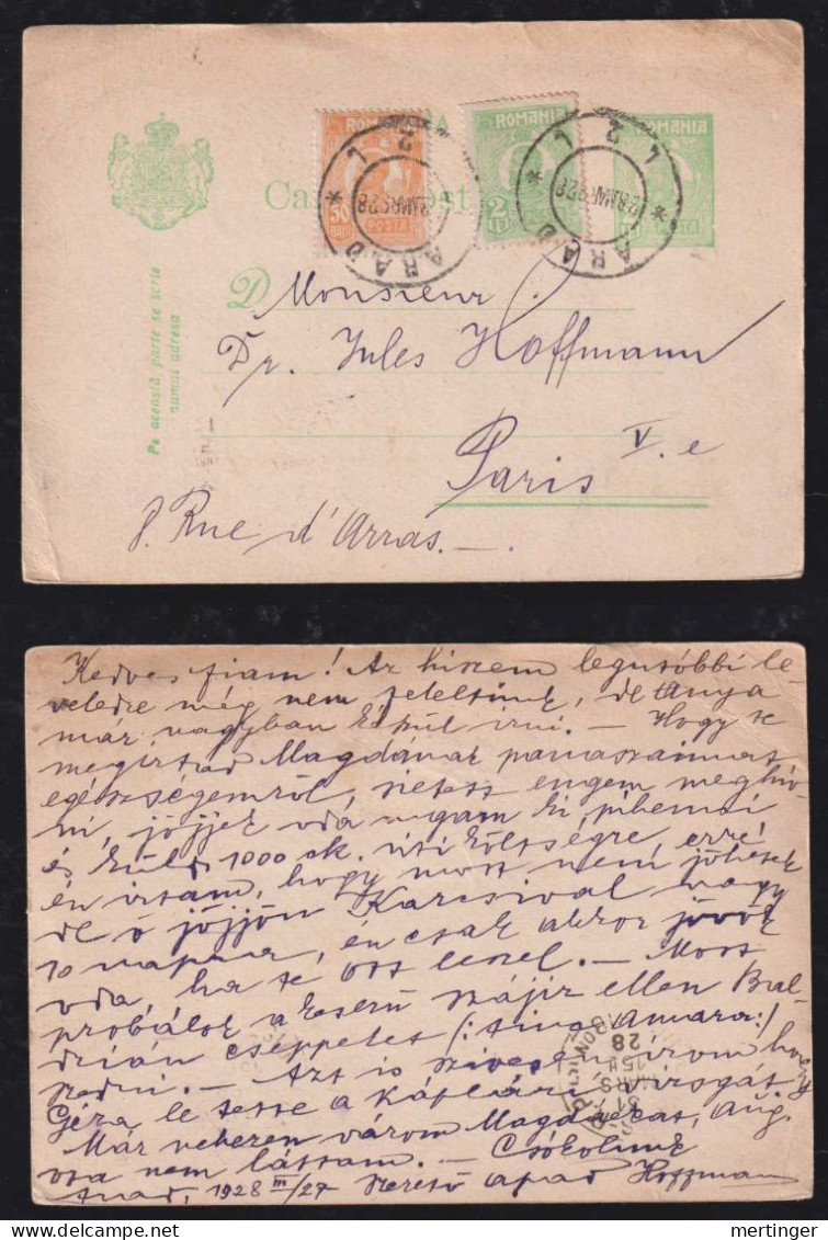 Rumänien Romania 1928 Uprated Stationery Postcard ARAD X PARIS France - Cartas & Documentos