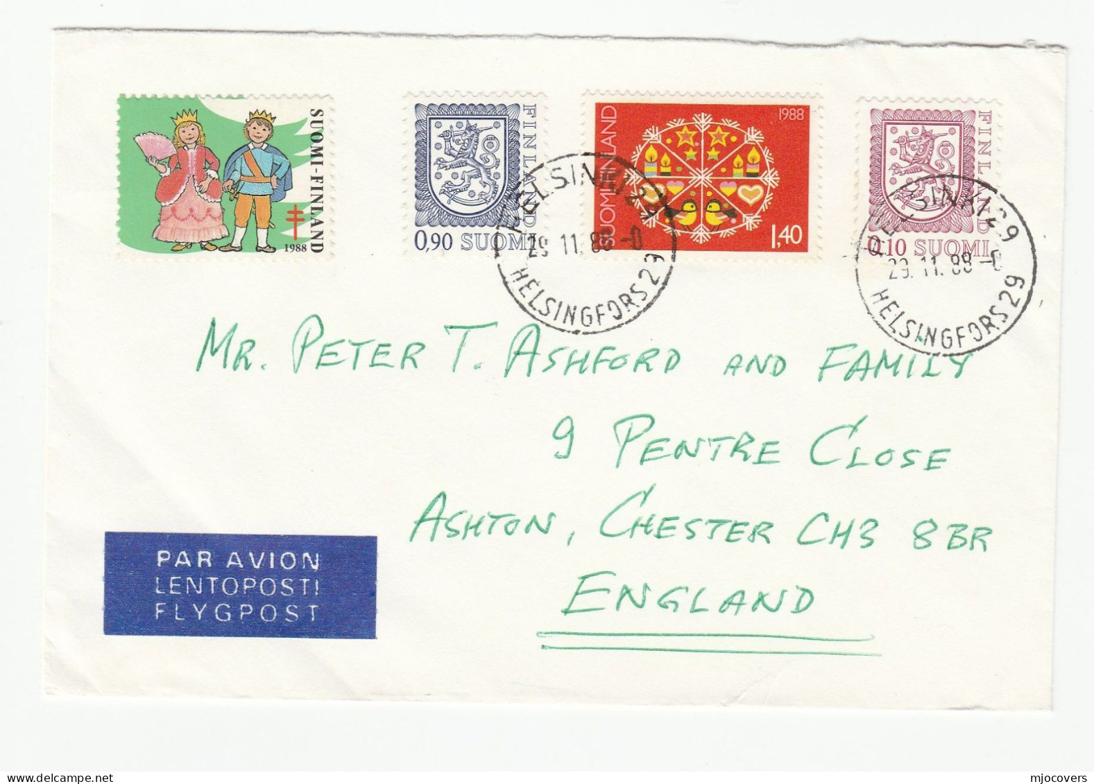 Finland 1988 TB Label COVER Christmas Heraldic Lion Tamps Air Mail Label  To GB  Tuberculosis Health - Covers & Documents