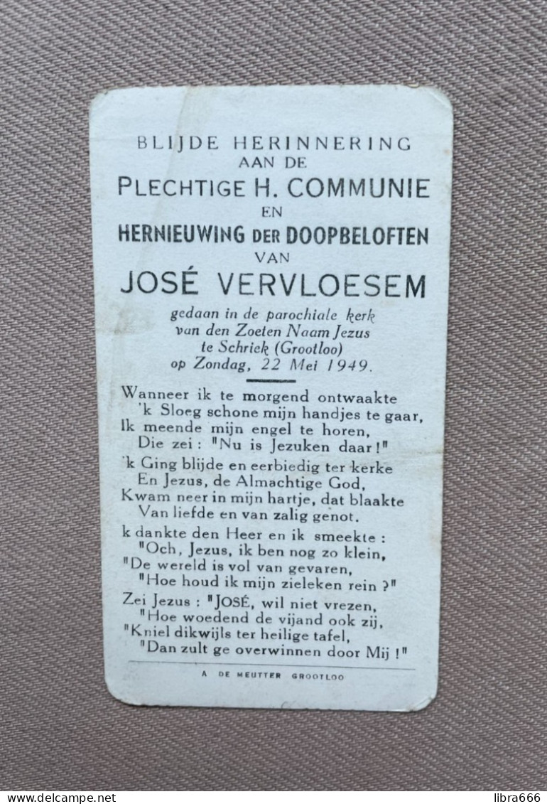 Communie - VERVLOESEM José - 1949 - Kerk Van Den Zoeten Naam Jezus - SCHRIEK (GROOTLO) - Comunión Y Confirmación