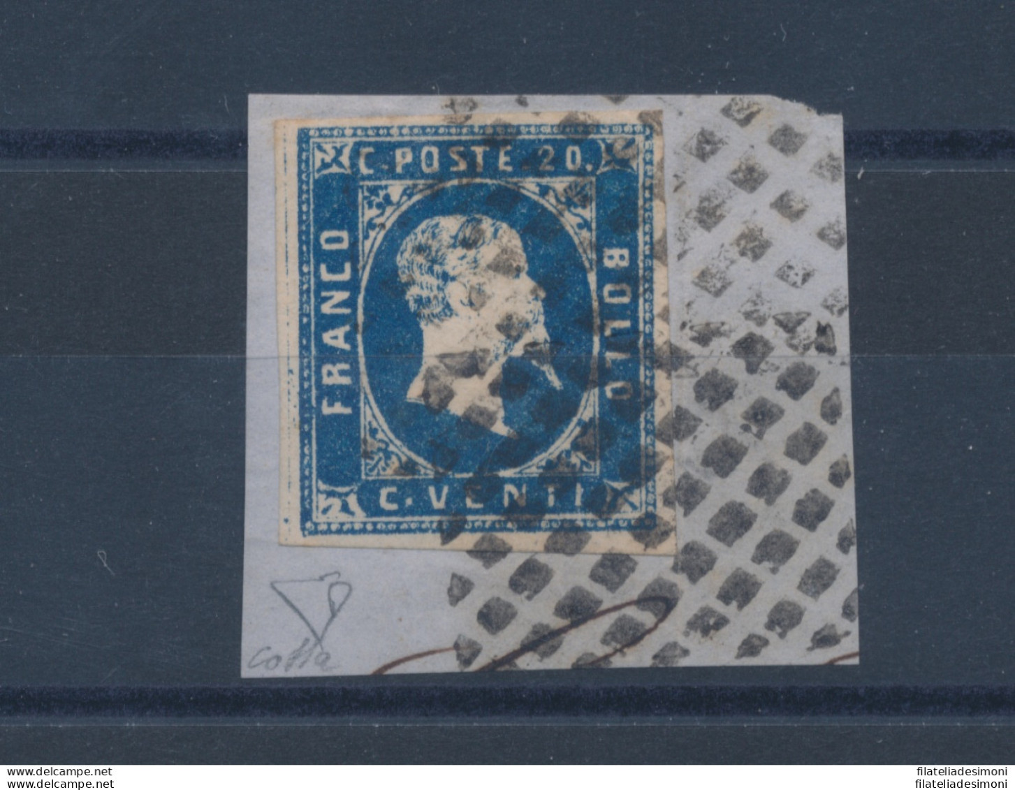 1851 SARDEGNA, 20 Cent. Azzurro Su Frammento ,Firmato Enzo Diena , Timbrino Di G - Sardinia