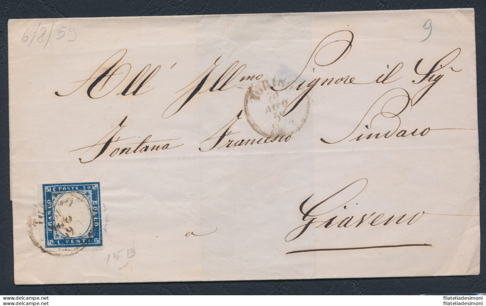 1859 SARDEGNA, 20 Centesimi Azzurro Scuro Su Lettera Da Torino Per Giaveno, Tint - Sardegna