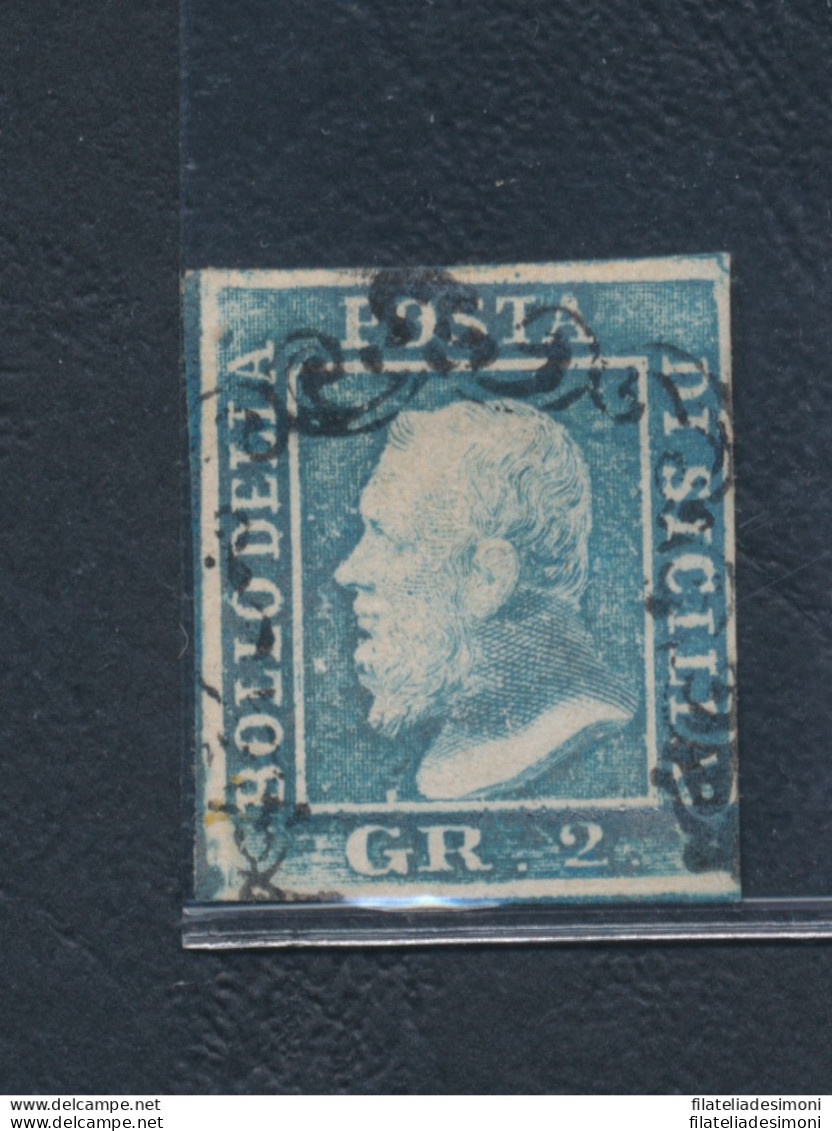 1859 SICILIA, N° 6 - 2 Grana Azzurro, I Tavola , Ritocco N° 82 Azzurro USATO - - Sicilia