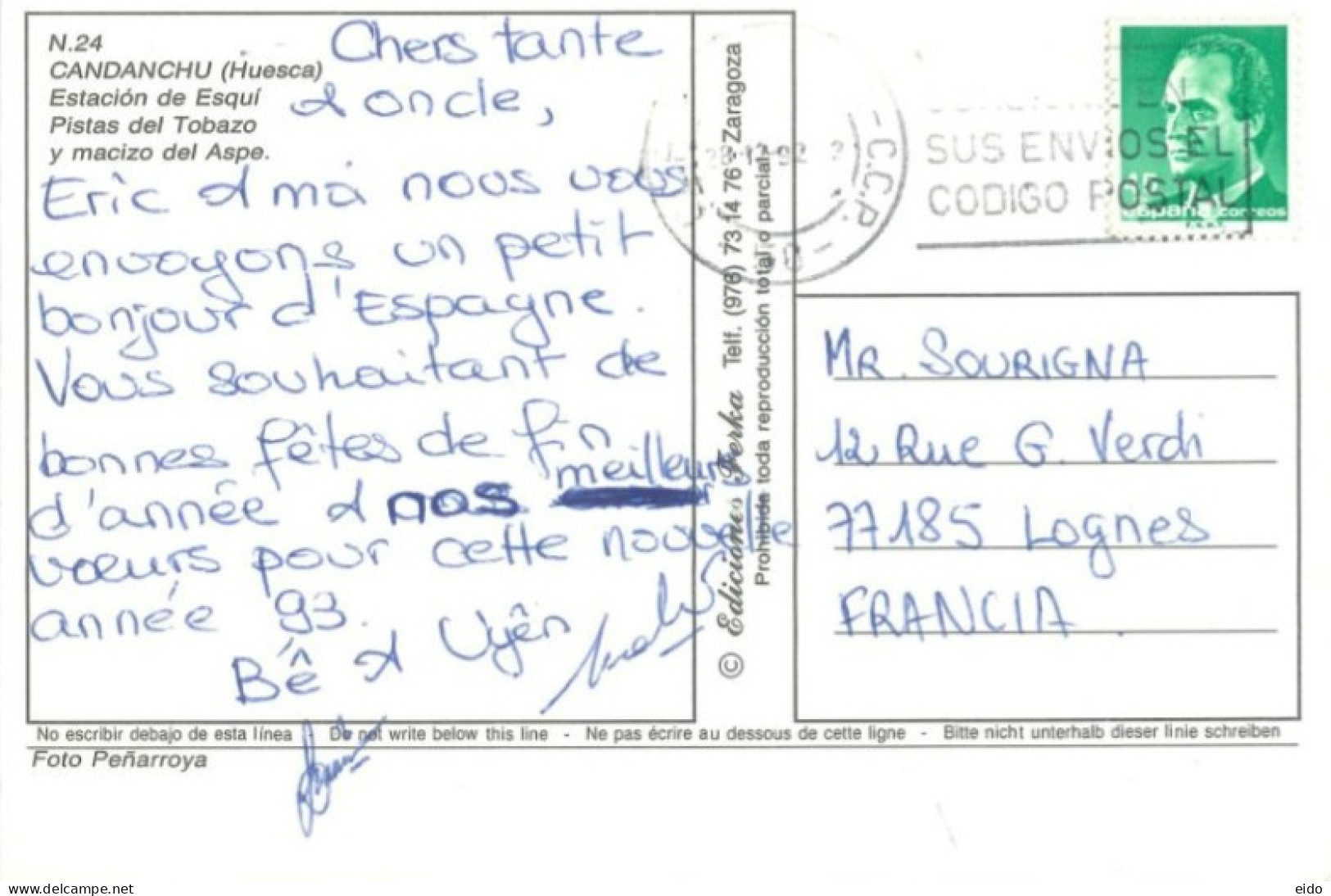 SPAIN  - 1992, CANDANCHU POSTCARD WITH STAMP SENT TO FRANCE. - Lettres & Documents