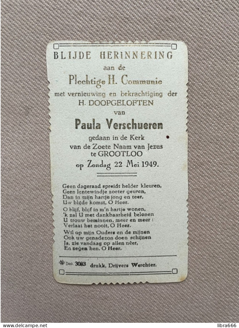 Communie - VERSCHUEREN Paula - 1949 - Kerk Van De Zoete Naam Van Jezus - GROOTLO - Kommunion Und Konfirmazion