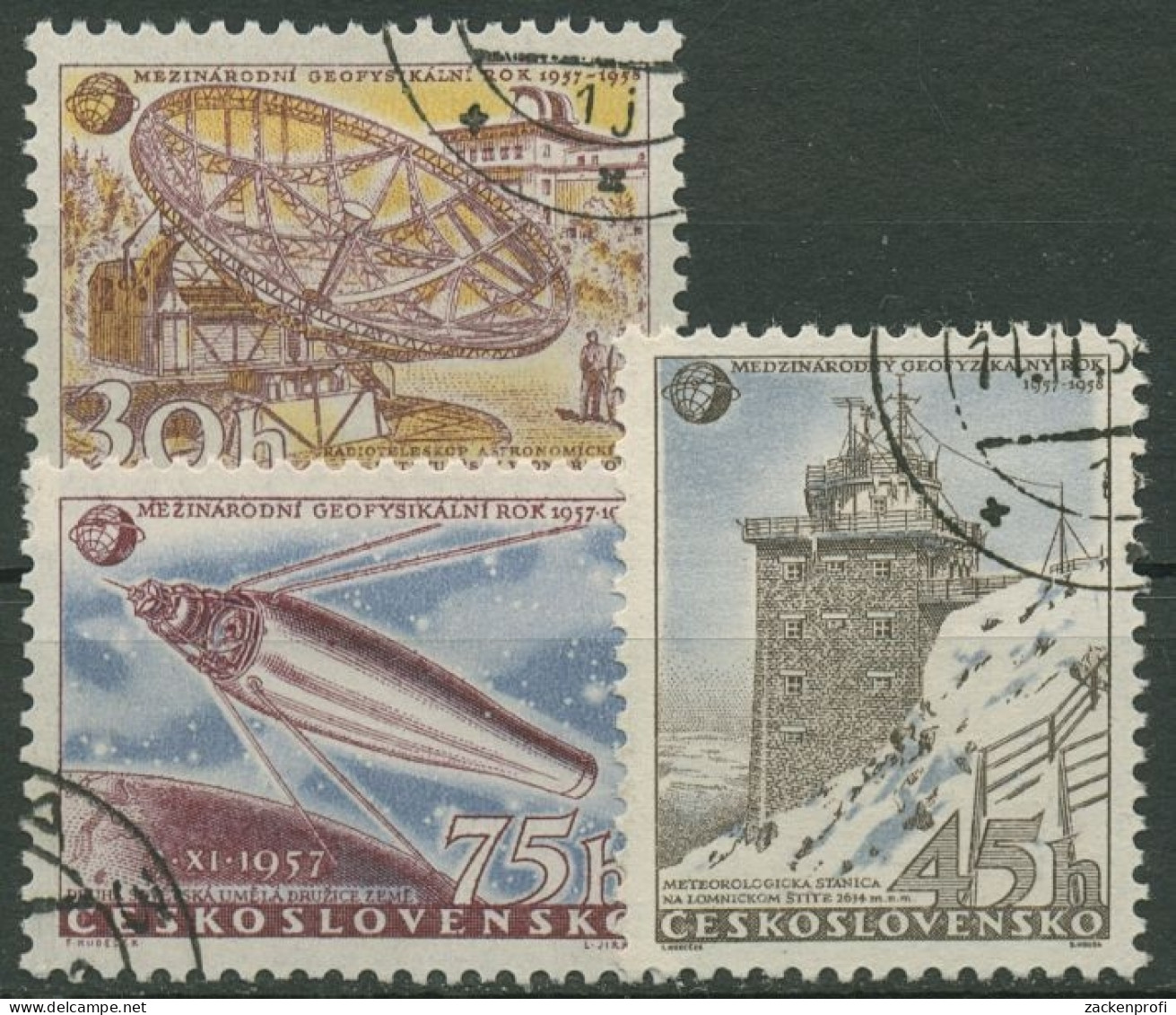 Tschechoslowakei 1957 Geophysik Teleskop Satellit Meteorologe 1055/57 Gestempelt - Used Stamps