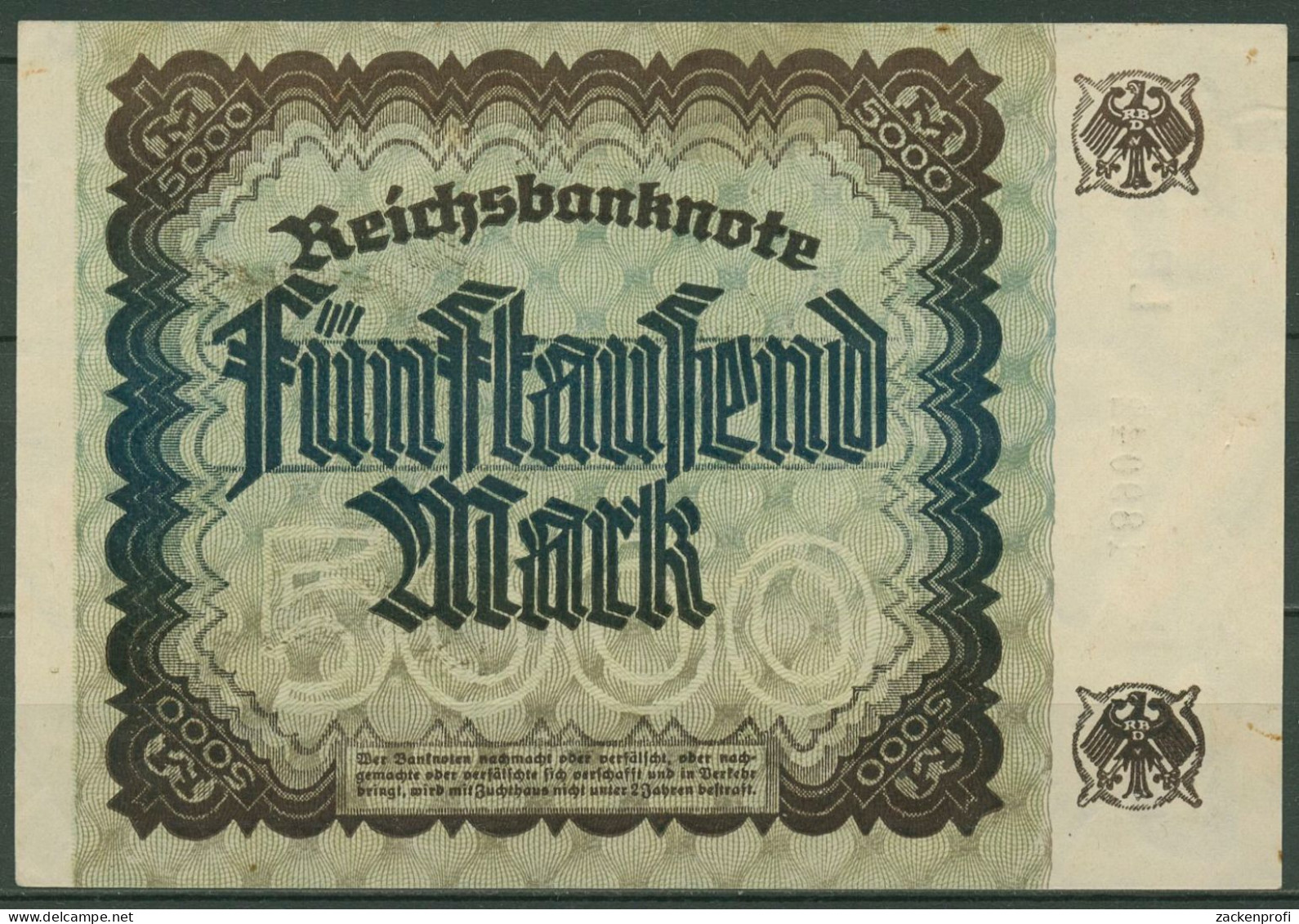 Dt. Reich 5000 Mark 1922, DEU-91f FZ LE, Leicht Gebraucht (K1414) - 5.000 Mark