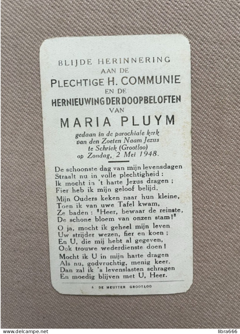 Communie - PLUYM Maria - 1948 - Kerk Van Den Zoeten Naam Jezus - SCHRIEK (GROOTLO) - Communion