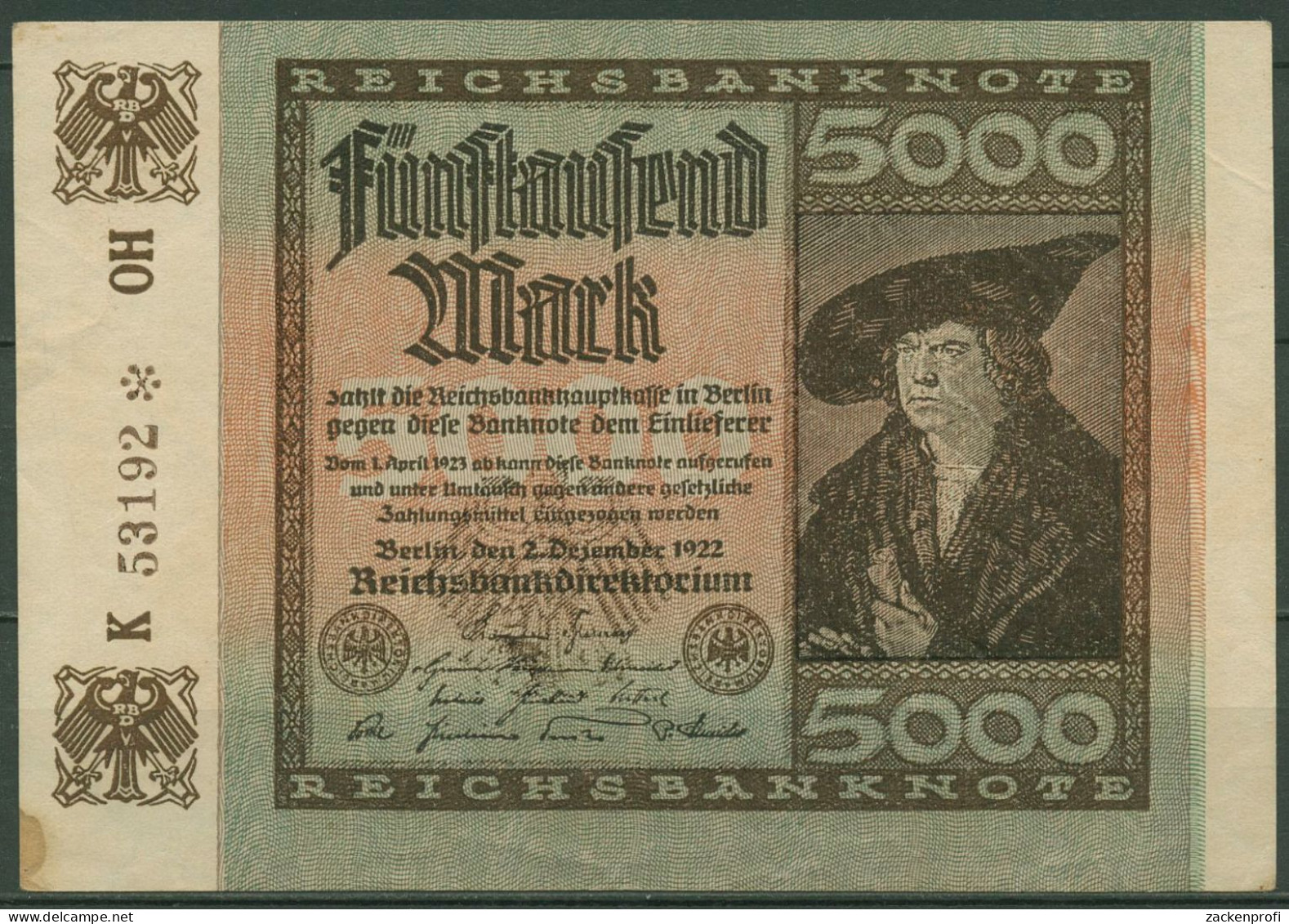 Dt. Reich 5000 Mark 1922, DEU-91c KN 5-stellig, Leicht Gebraucht, Fleck (K1394) - 5000 Mark