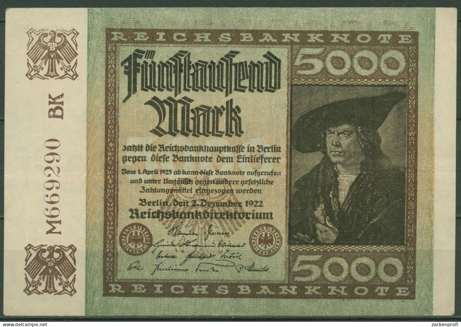 Dt. Reich 5000 Mark 1922, DEU-91b FZ BK, Leicht Gebraucht (K1397) - 5000 Mark