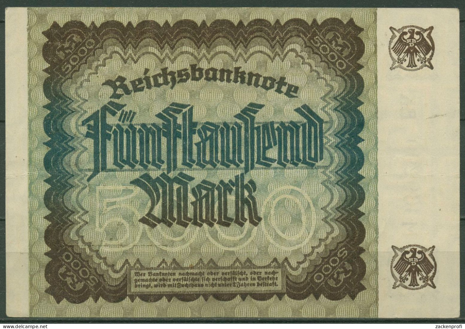 Dt. Reich 5000 Mark 1922, DEU-91b FZ BK, Leicht Gebraucht (K1397) - 5.000 Mark